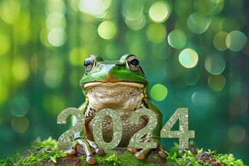 Leap day, one extra day, Leap year 29 February 2024 greeting card. Cute Green Frog Posing with 2024 Numbers on bokeh background.