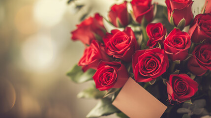 Bouquet of vivid red roses with a blank note, bathed in soft light