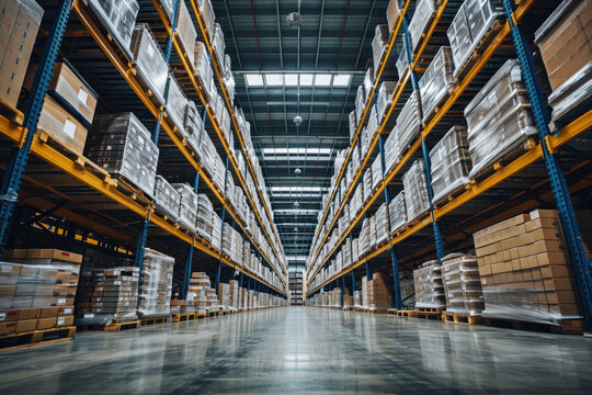 Warehouse industrial and logistics companies. Commercial warehouse. Huge distribution warehouse with high shelves. Bottom view