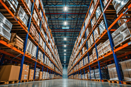 Warehouse industrial and logistics companies. Commercial warehouse. Huge distribution warehouse with high shelves. Bottom view