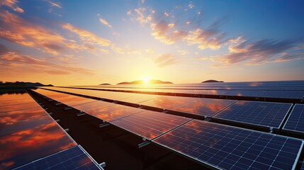 Solar panels in the sunset. Solar farm generating energy