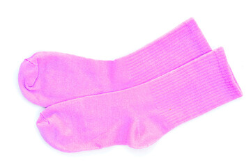 Pink socks on white background.