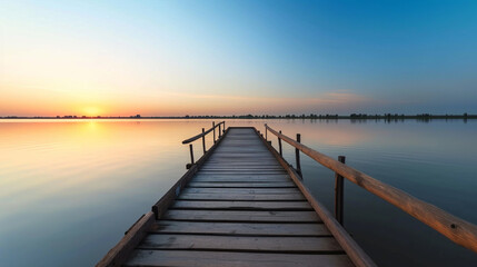 Fototapeta na wymiar Dock overlooking a calm overcast lake background. Dock overlooking a calm overcast lake landscapes. Hdr landscape view. Old dock with sunset, candles, lamb, lake, sun and forest. high quality photos.