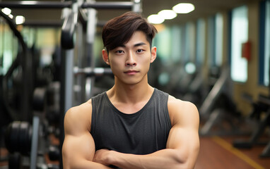 Happy handsome young asian man in a gym.