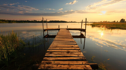 Fototapeta premium Dock overlooking a calm overcast lake background. Dock overlooking a calm overcast lake landscapes. Hdr landscape view. Old dock with sunset, candles, lamb, lake, sun and forest. high quality photos.