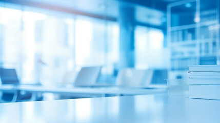 Abstract blue blurred background of modern office interior. Mock up, toned