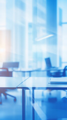 Abstract blue blurred background of modern office interior. Mock up, toned