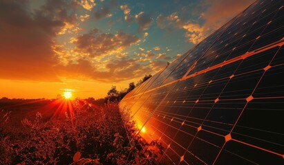 Solar panels in the sunset. Solar farm generating energy - obrazy, fototapety, plakaty