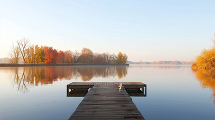 Dock overlooking a calm overcast lake background. Dock overlooking a calm overcast lake landscapes. Hdr landscape view. Old dock with sunset, candles, lamb, lake, sun and forest. high quality photos. - obrazy, fototapety, plakaty