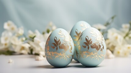 Gold and Robin blue Easter egg decorations with spring flowers, Easter background concept