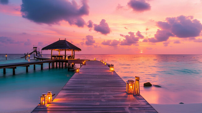 Dock overlooking a calm overcast lake background. Dock overlooking a calm overcast lake landscapes. Hdr landscape view. Old dock with sunset, candles, lamb, lake, sun and forest. high quality photos.