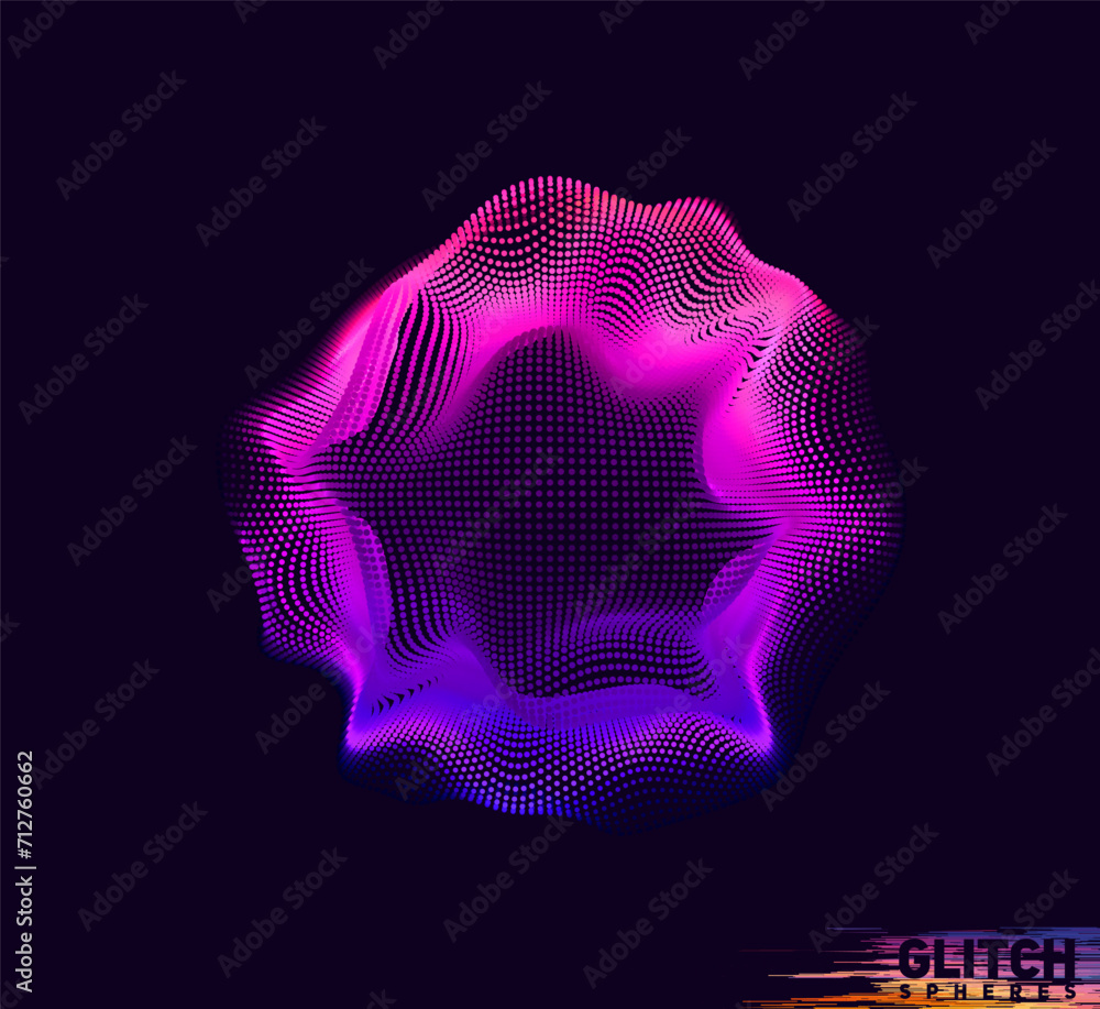 Poster corrupted violet point sphere. abstract vector colorful mesh on dark background. futuristic style ca