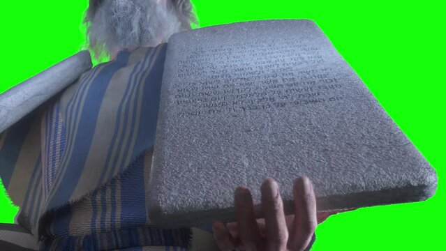 The Biblical prophet Moses holds the tablets with the Ten Commandments render 3d  green background