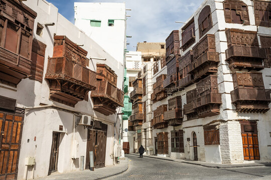 Al-Balad old town with traditional muslim houses with wooden windows and balconies, Jeddah, Saudi Arabia