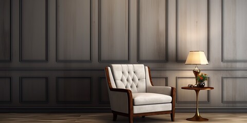 Traditional room decor featuring armchair, floor lamp, and wall panels.