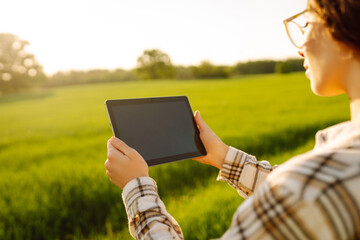 Close-up shot of a farmer with a tablet in his hands. Technologies in farming. Green wheat field. Smart farm