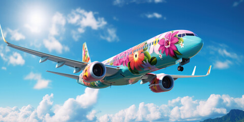 an airplane decorated with flowers flies across the sky, summer travel, flight to Hawaii, air transport, tourism, nature, beauty, vacation, tropics, height, speed, garland