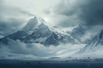 Fototapeta premium A majestic mountain range with a thick blanket of snow, stretching as far as the eye can see, with a stormy sky in the background