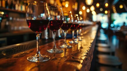Elegant Wine Glasses Lined on Bar Counter