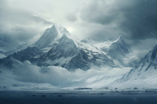 A majestic mountain range with a thick blanket of snow, stretching as far as the eye can see, with a stormy sky in the background