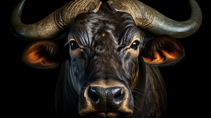 Majestic african buffalo portrait with intense gaze isolated on black background