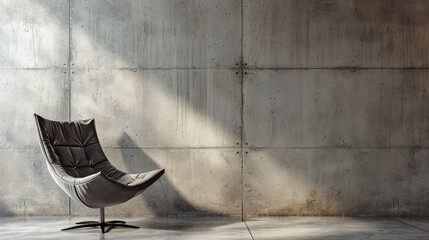 luxury grey, soft designer chair in an empty room with raw, concrete walls and copy space	