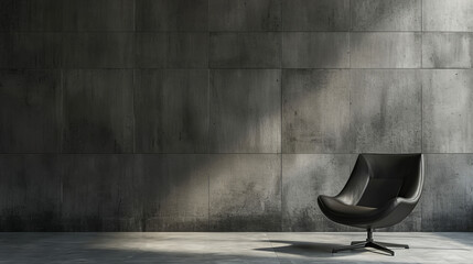 luxury grey designer chair in an empty room with raw, concrete walls and copy space	