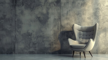luxury grey designer chair in an empty room with raw, concrete walls and copy space	