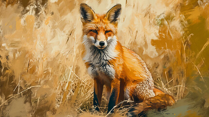 red fox in the grass, oil painting style