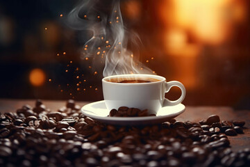 A close up of a freshly brewed cup of coffee with steam rising from the surface and a few coffee beans scattered around it
