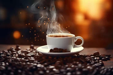 Foto op Plexiglas A close up of a freshly brewed cup of coffee with steam rising from the surface and a few coffee beans scattered around it © Michael Böhm