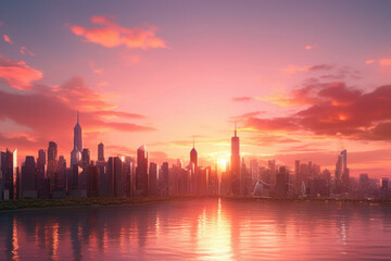 A modern city skyline at sunset, with a beautiful orange and pink sky