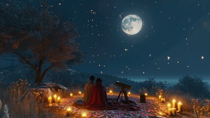 young couple looking out to romantic night sky in valentines day pragma