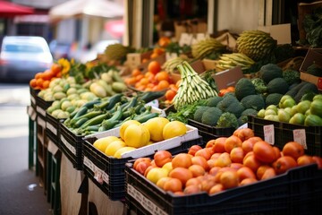 Obraz premium Harvest Tapestry, An Artistic Medley of Vibrant Fruits and Vegetables Takes Center Stage