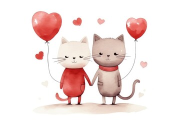 cute cats. Happy Valentine's Day card. Love. Cute animals. Hearts. watercolor, gouache. Wedding invitation. children's characters
