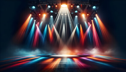 Modern dance stage light background with spotlight illuminated for modern dance production stage. Empty stage with dynamic color washes. Stage lighting art design. Entertainment show.