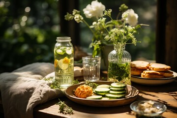 Summer veranda with a set table, with a glass jug and glasses with a refreshing drink, cookies, surrounded by yellow flowers and soft pillows on the sofa in the warm sunlight. Concept: eat in nature
