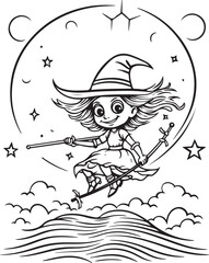 Little Girl is sitting on the Moon. Black and white. Coloring Book page for adult and children. Doodle, zentangle style. The Moon in a striped hat