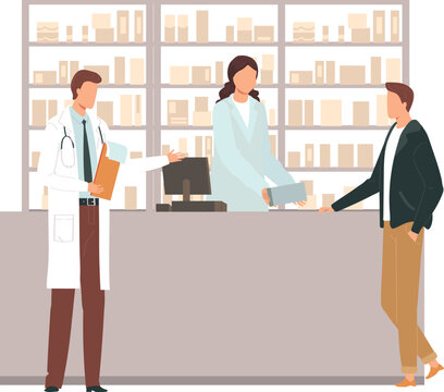Male doctor and female pharmacist at pharmacy, patient picking up prescription. Healthcare, medication and customer service vector illustration