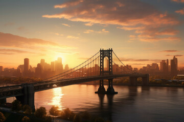 A city skyline at sunset with a bridge and a river in the background