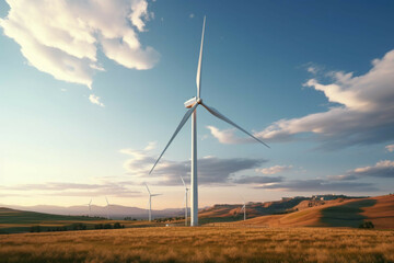 A modern wind turbine in a rural landscape, with a dramatic sky in the background