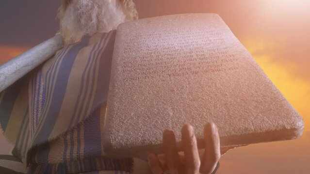 
The Biblical prophet Moses holds the tablets with the Ten Commandments render 3d