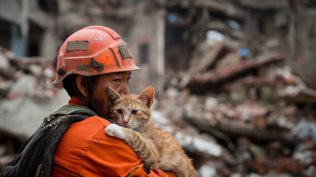An Asian rescue worker holds a cat the only survivor of a terrible earthquake, the scene is dark with collapsed buildings in the background.