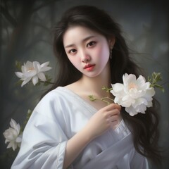 Obraz na płótnie Canvas Chinese girl wearing white dress images Generative AI
