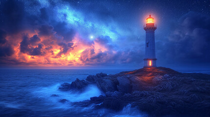 A lighthouse on the island with a beautiful night view