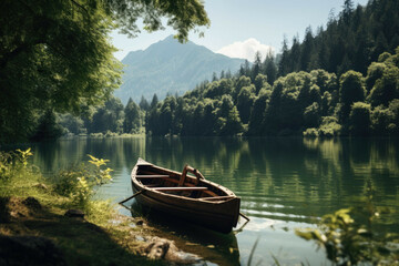An image of a small wooden boat in a lake surrounded by lush green trees and mountains in the background