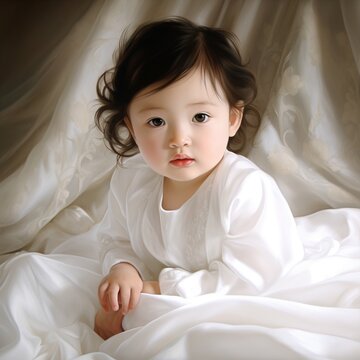 Chinese baby girl wearing white dress images Generative AI