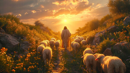 Guiding Light: Jesus Christ as the Good Shepherd Leading His Lambs - Christian Symbolism - obrazy, fototapety, plakaty