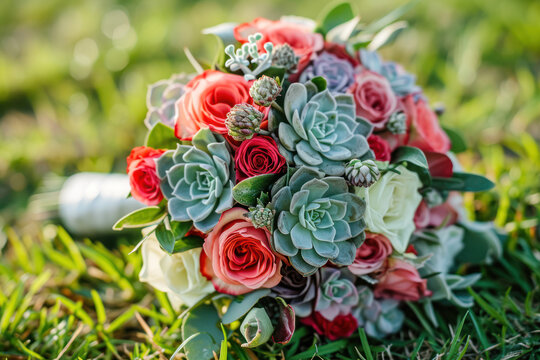 Rustic wedding bouquet with roses and succulents on green grass and wooden texture