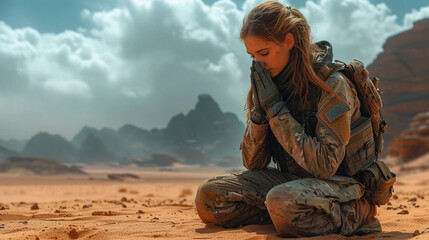A female soldier praying in the desert - obrazy, fototapety, plakaty